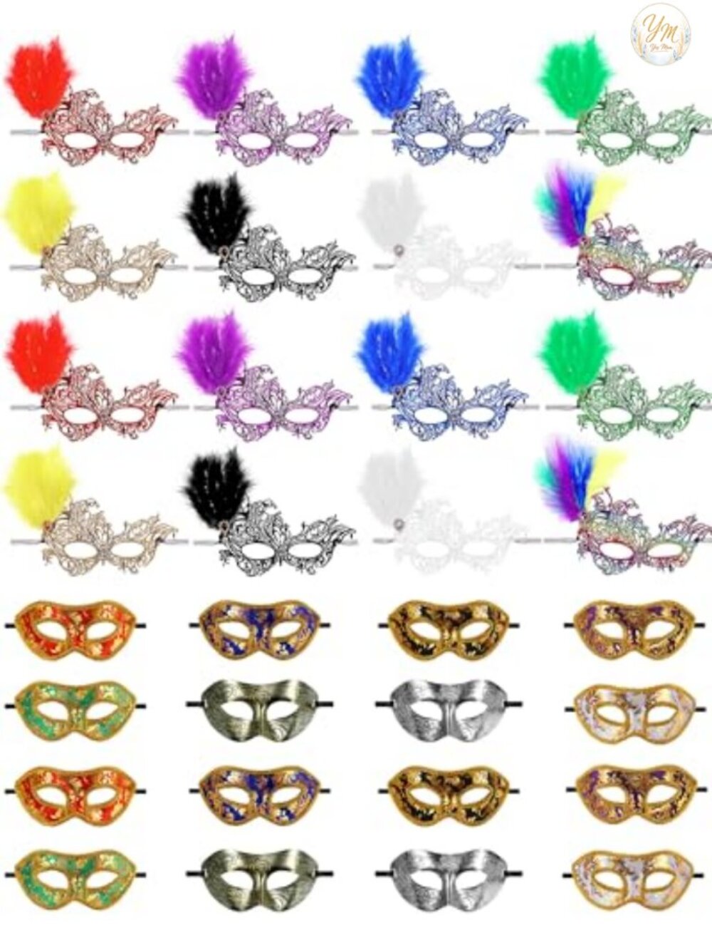 32 Pc Masquerade Masks Artificial Leather PVC Feather Venetian Party Set